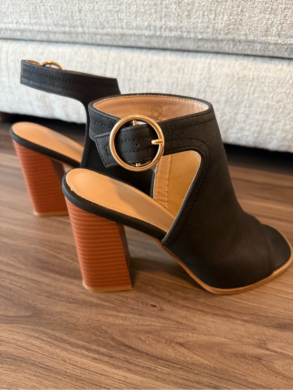 Ermann Black Peep-Toe Block Heel Sandals with Gold Buckle